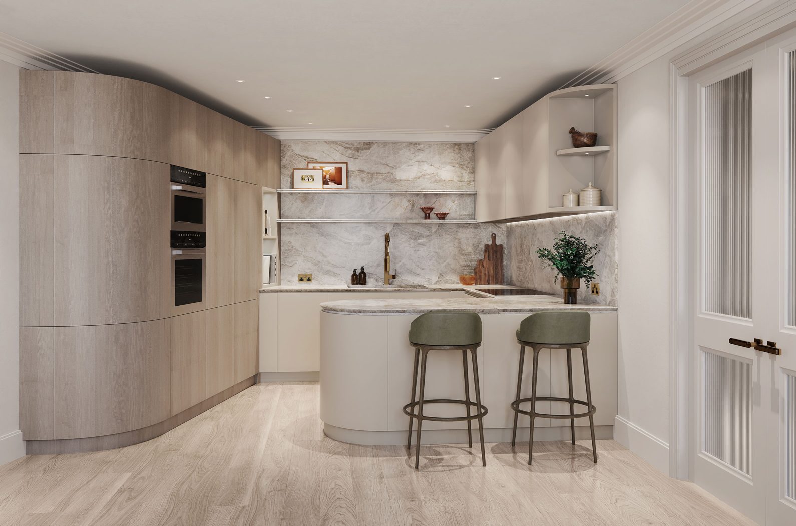 A neutral white kitchen with breakfast bar designed by Studio Indigo
