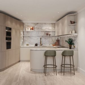 A neutral white kitchen with breakfast bar designed by Studio Indigo