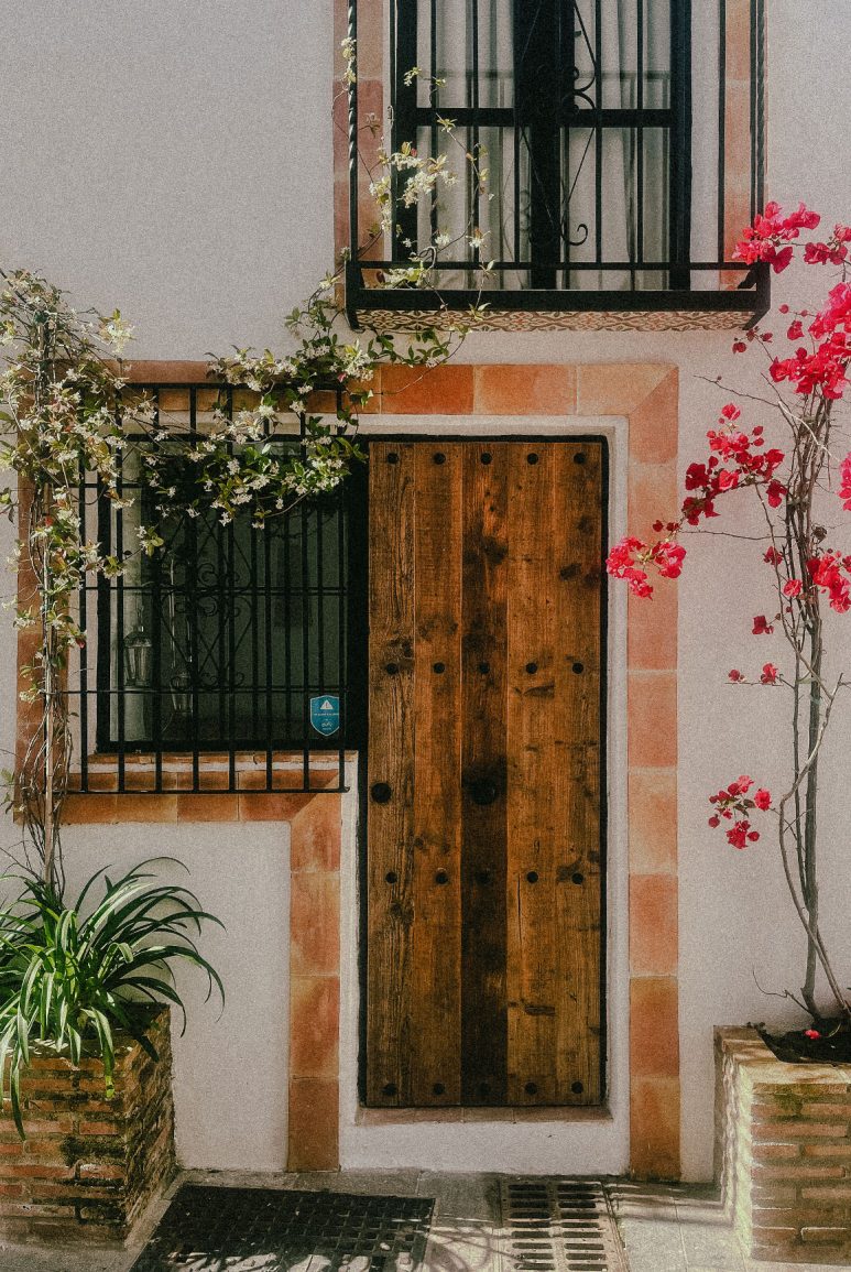 decorative wood door with tile trim and flowers in Marbella