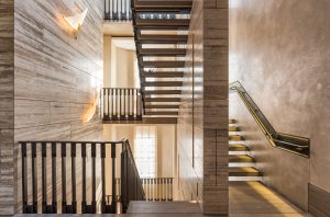 A contemporary lobby with interconnecting staircases